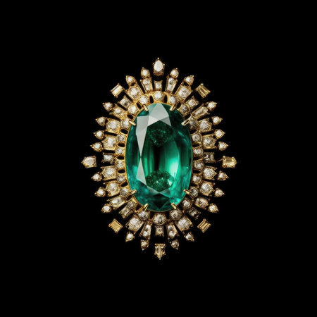 A vintage-style brooch featuring a large oval-shaped emerald surrounded by smaller diamondsの素材