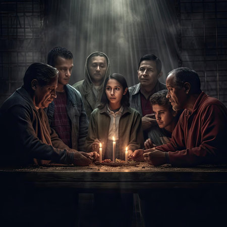 An image of people lighting candles and offering prayersの素材