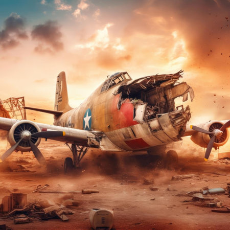 A wrecked airplane sitting on a runway with debris and smoke around itの素材