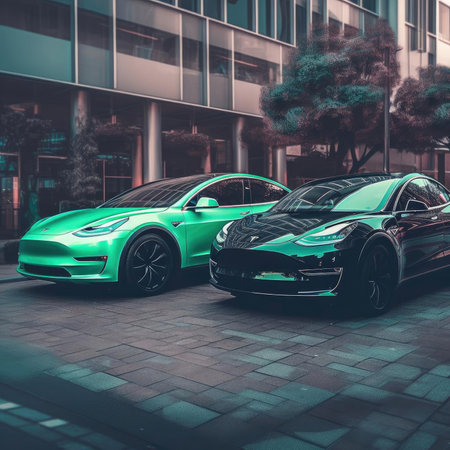 Two electric cars parked togetherの素材