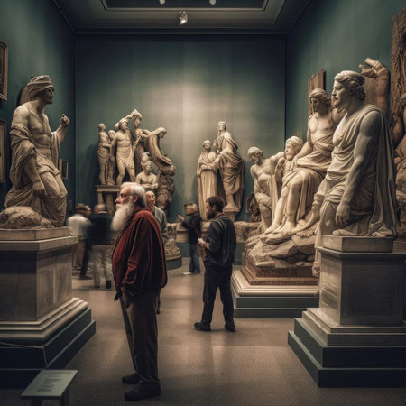 A museum exhibit on the history of atheism throughout different eras and culturesの素材