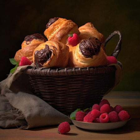 Basket of fresh croissants with raspberries and chocolateの素材