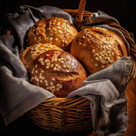 Freshly baked bread in a basket - selective focusの素材
