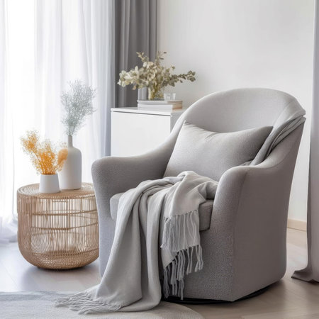 Modern living room with grey armchair and a vase of flowersの素材