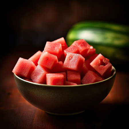 Slices of watermelon in a bowl on a wooden backgroundの素材
