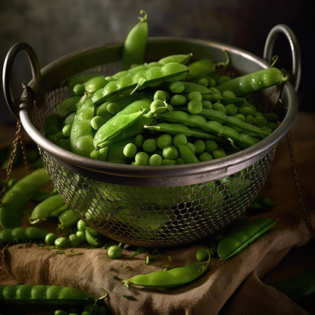Fresh green peas in a metal colander - dark rustic styleの素材