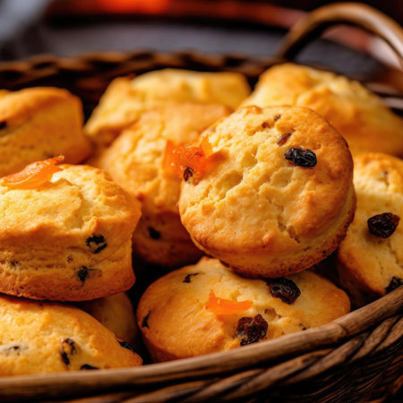 Scones with raisins in a basket - selective focusの素材