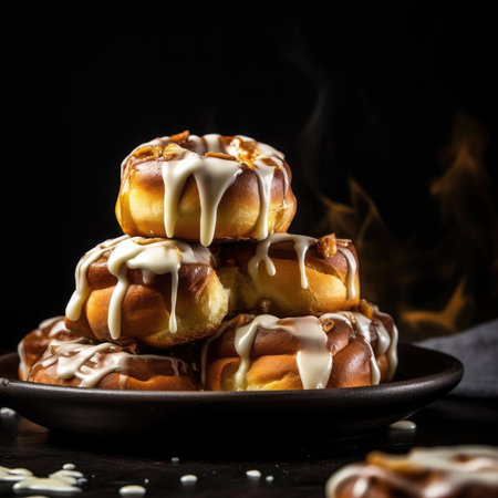 A tempting pile of fluffy cinnamon rolls drizzled with a creamy cream cheese icingの素材