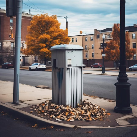 Trash bin on the street in the city - concept of environmental pollutionの素材