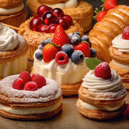 Assorted pastries with fresh berries and whipped cream, close-upの素材