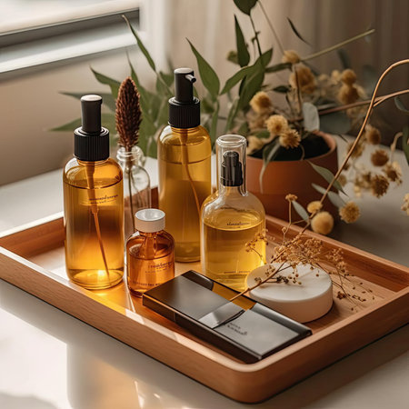 Aromatherapy oil in glass bottles on wooden tray, spa conceptの素材
