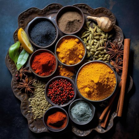 Spices and herbs on dark background - food and cuisine ingredientsの素材