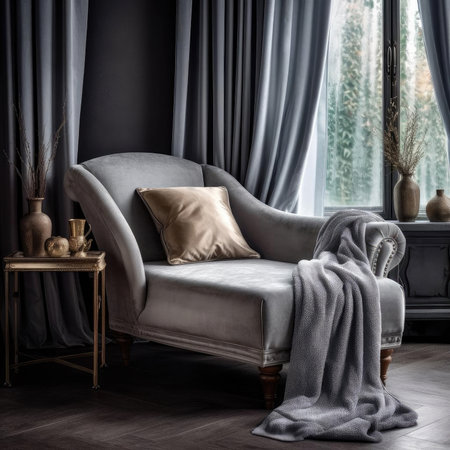 Comfortable armchair with pillows in living room interior with windowの素材