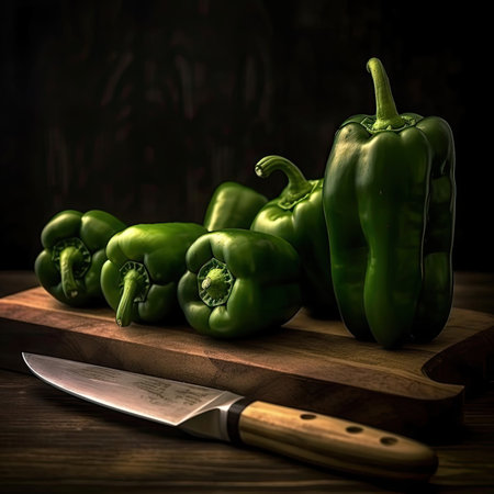 Green peppers on a wooden board and knife on a dark backgroundの素材
