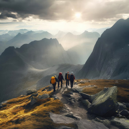 Adventurers hiking through stunning mountain landscapeの素材