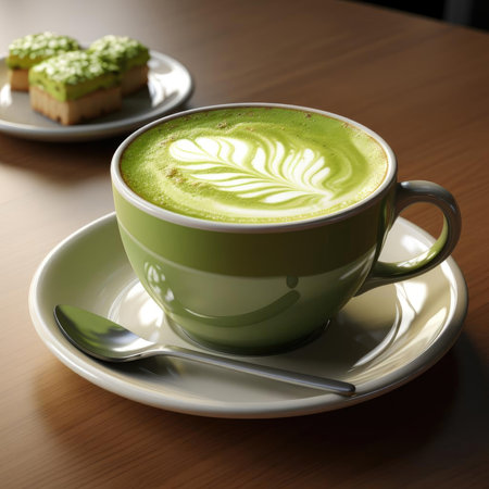 Minimalist matcha latte in white tea cupの素材