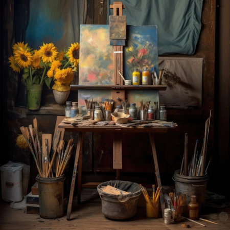 Easel with blank canvas, paint tubes, and brushesの素材