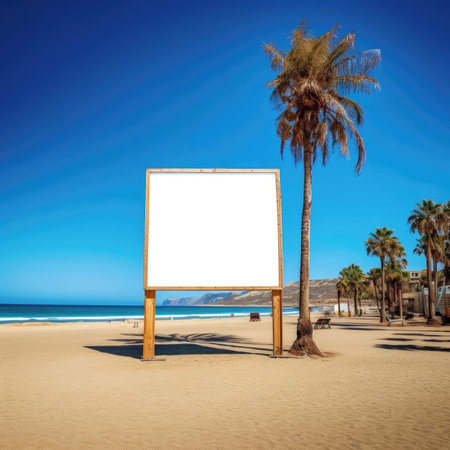 Blank billboard on sandy beach with palm treesの素材