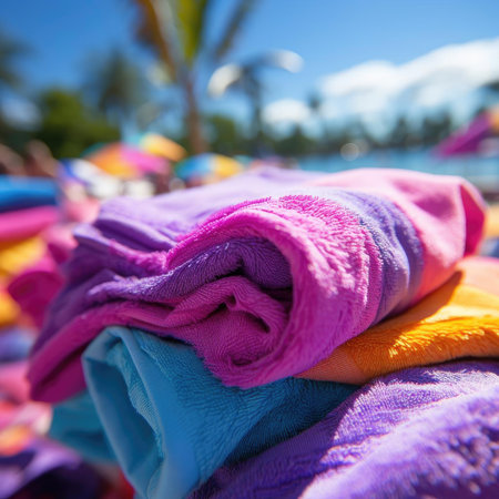Colorful palm tree beach towel for sunny days by the oceanの素材