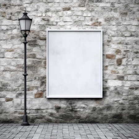 White banner on stone wall with metallic lamp postの素材