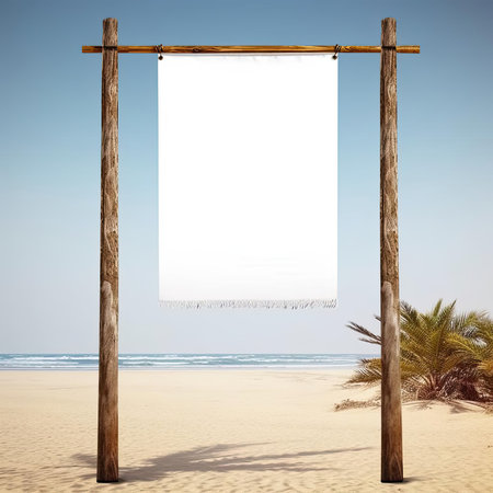 White banner hanging from wooden pole on sandy beachの素材