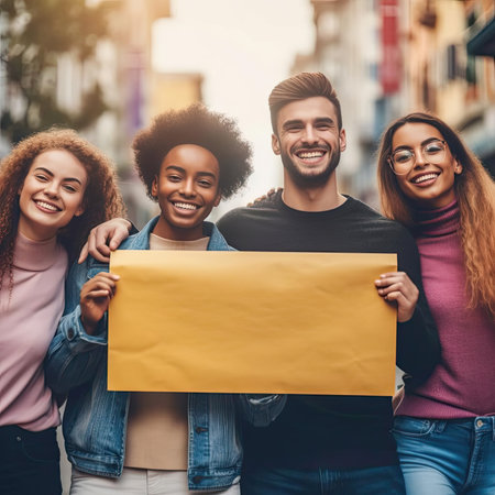 Diverse group with blank banners in urban settingの素材