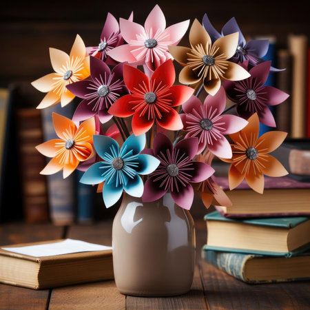 Vibrant origami flowers in a vaseの素材