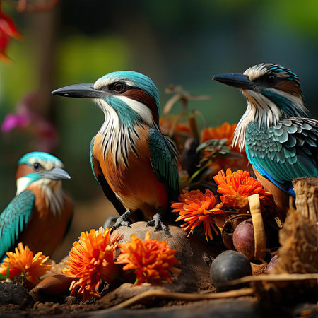 Colorful tropical birds gather at fruit and nut feederの素材