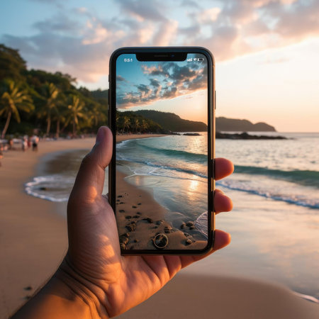 Phone tripod capturing sunrise on the beachの素材