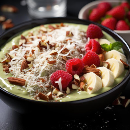 Matcha smoothie bowl with coconut and bananaの素材