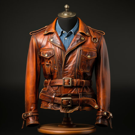 Vintage-style brown leather motorcycle jacket with quilted liningの素材
