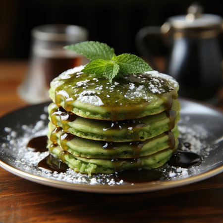 Matcha pancakes with berries and syrupの素材
