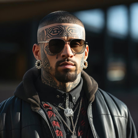 A man with tattoos in headの素材