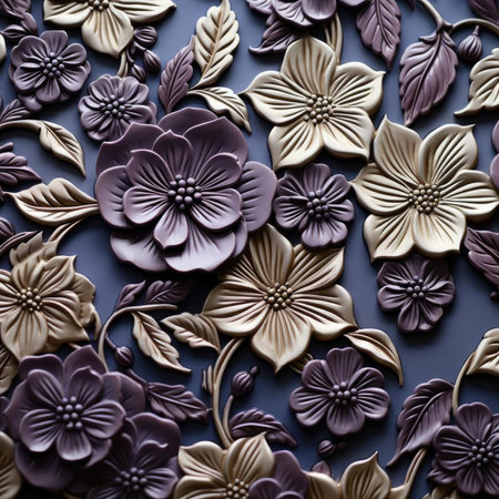 Detailed flower decorations in dark violet and beige sculptural ceramicsの素材