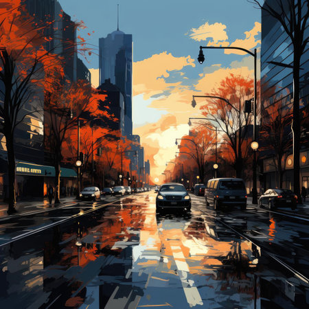 A vibrant city street with colorful lights and reflectionsの素材