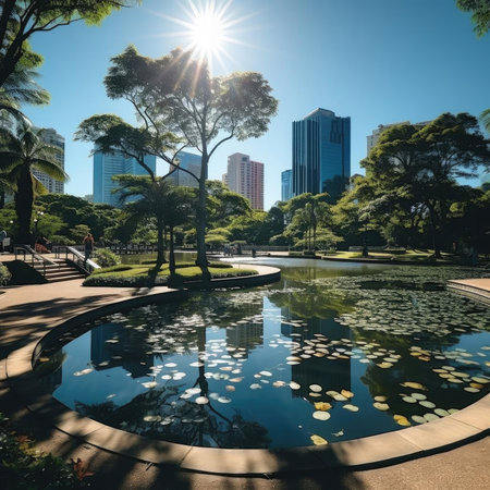 Serene cityscape reflected in a tranquil park pondの素材