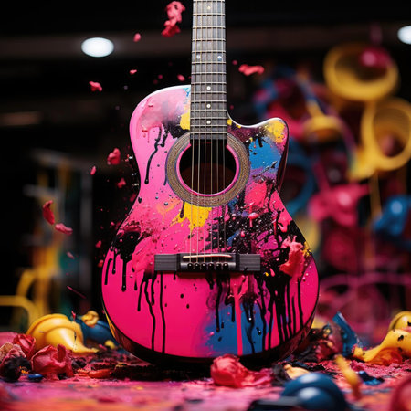 Colorful guitar with paint splatters in the backgroundの素材