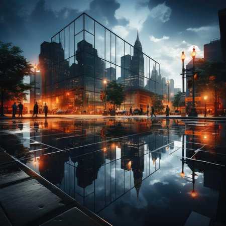 Reflection of a concrete cityscape in a dreamlike atmosphereの素材