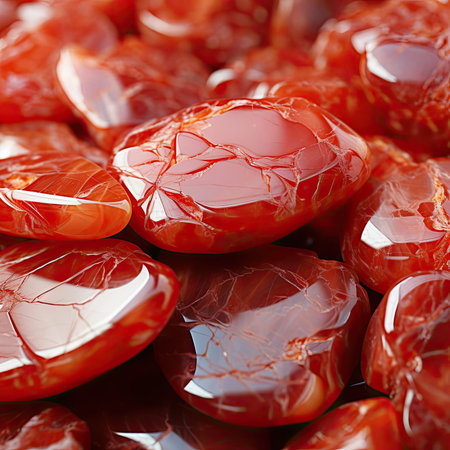 Close-up of red-colored jasper stones with rounded shapesの素材