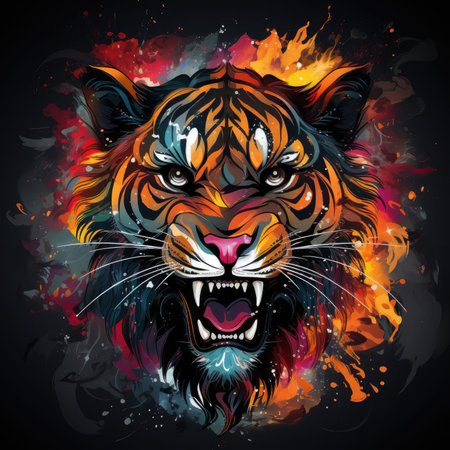 Angry tiger head with vibrant paint brush strokesの素材