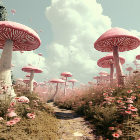 Pink fluffy mushrooms on the ground in a psychedelic landscapeの素材