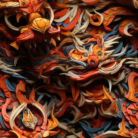 Colorful pile of Chinese paper dragons with painted backgrounds (tiled)の素材