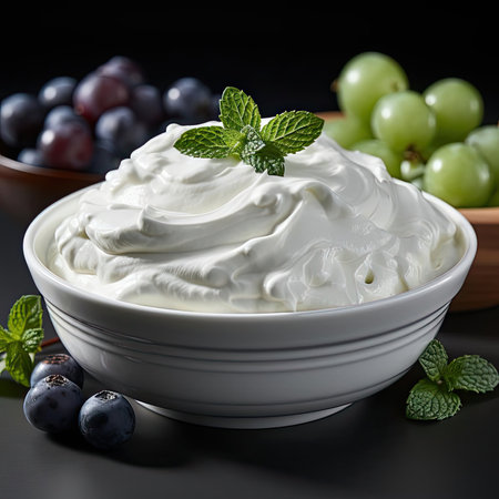 Bowl filled with yogurt and blueberries, with highly detailed foliageの素材