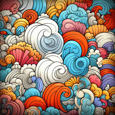 Colorful waves with whimsical doodles and nostalgic illustrationの素材