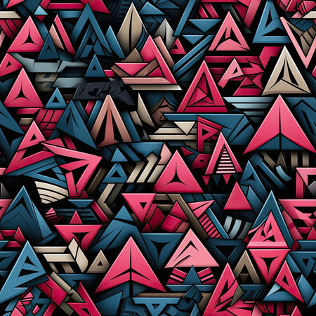Graffiti-inspired pattern of red and blue triangles on black (tiled)の素材
