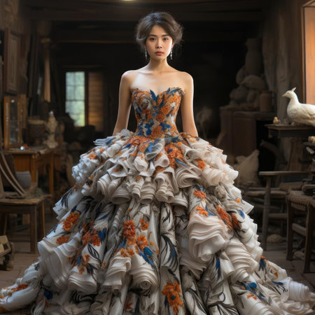 Dancer in a whimsical wedding dress inside an old buildingの素材