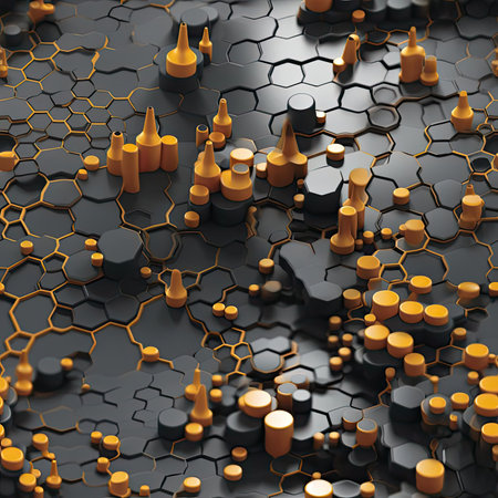 3D rendering of a hexagonal structure with yellow elements (tiled)の素材