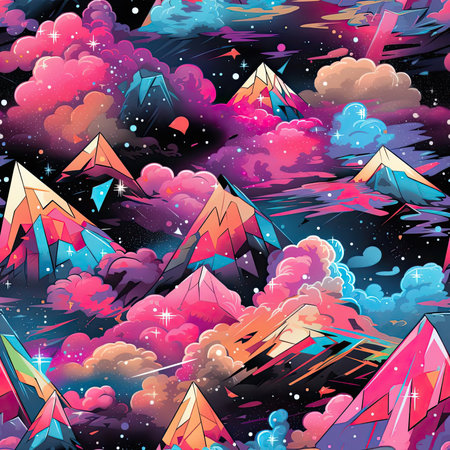 Colorful graphic design combining mountains, clouds, and stars in a psychedelic style (tiled)の素材