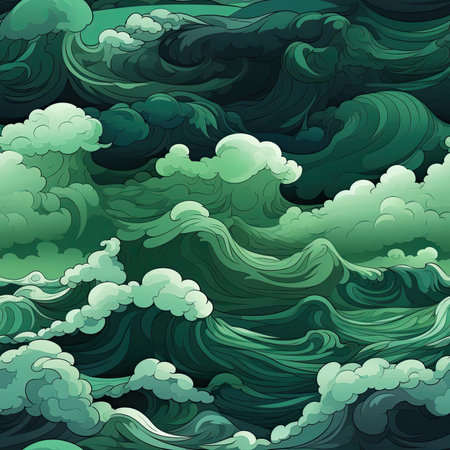 Digital art of ocean waves and swirling patterns in a green cloud (tiled)の素材