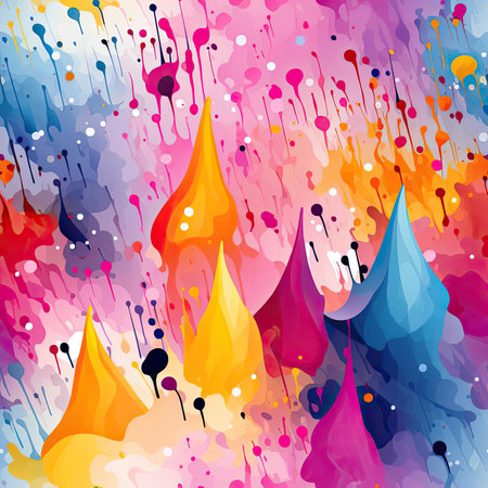 Artistic wallpaper with vibrant paint splatters and whimsical illustrations (tiled)の素材